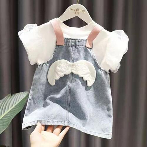 Spring Girl Dress Suit Baby Denim Sets 2021 Childrens New Baby Shirt Wing Suspender Skirt 2-piece Suit