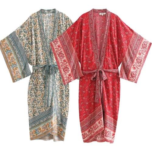 Summer Women Beach Style Vintage Print V-Neck Chic Kimono Style Loose Midi Skirts Casual Bow Sashes Pocket Elegant Robe Dress