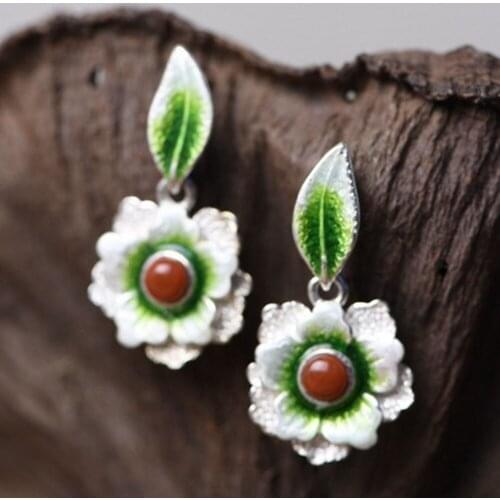 2020 new real S925 pure silver cloisonne peony Women earrings with agate studs Fashion leaf silver earrings for woman