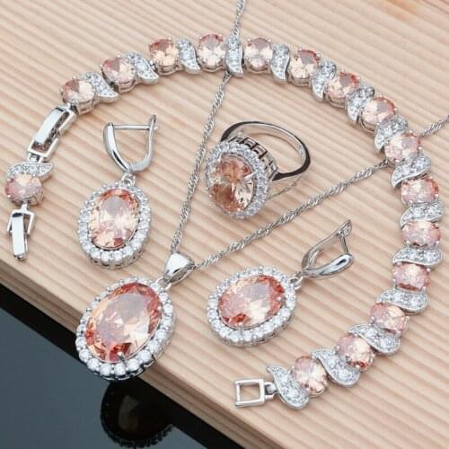 Women Earrings Topaz 925 Sterling Silver Jewelry Sets Champagne Gemstone Bracelet Ring Bohemia Necklace Set Dropshipping