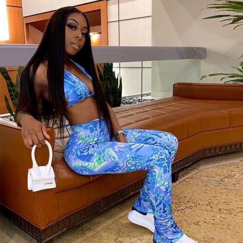 Angels Printed Bodycon Two Piece Sets Women Streetwear Fashion Skinny Sexy Sleeveless Halter And Zipper Pant Suits Co-ord