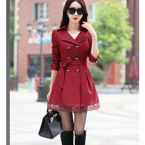 30pcs/lot korean style Spring Autumn Long Women Trench Coat Double Breasted Belted lace coat
