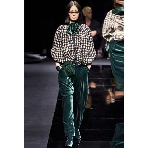 Runway New Fashion Autumn Winter Party Workplace Plaid Zipper Jacket Velvet Casual Pants Vintage Elegant Chic WomenS Sets