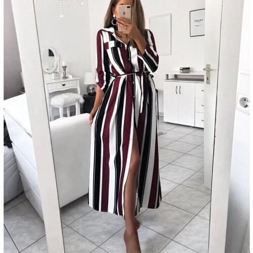 2021Office Lady Turn-Down Collar Button Lace Up Long Shirt Dress Women Autumn Spring Long Sleeve Stripe Maxi Dresses