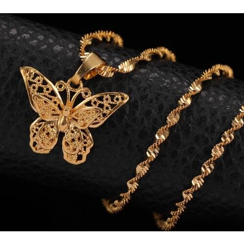 24K Yellow Gold Filled Cute Butterfly Statement Necklace Chokers Pendants Woman Water Wave Chain Necklaces Fashion Jewelry Gift