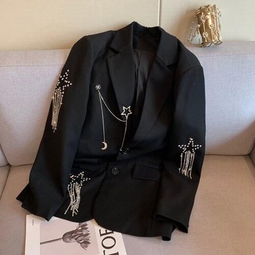 Stars Diamonds Beading Shiny Chic Blazer Women Chains Tassels Punk Loose Girls Black Outerwear Jacket Blazer Chic Female