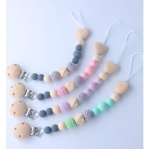 2Pcs/set Wood Baby Teeth Chew Toys Silicone Nipple Chain Teething Bracelet Crochet Beads Pacifier Clips Toddlers Chewable Toy