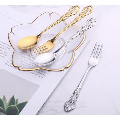 2PCS Vintage Gold Spoon Fork Cutlery Set Vintage Style Stainless Steel Luxury Mini Small Dessert Teaspoons And Forks For Party