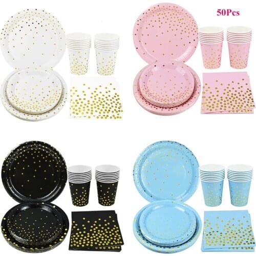 50Pcs Black White Blue Gold Disposable Tableware Set Paper Plates Cups Wedding Adult Kids Birthday Party Decorations Supplies