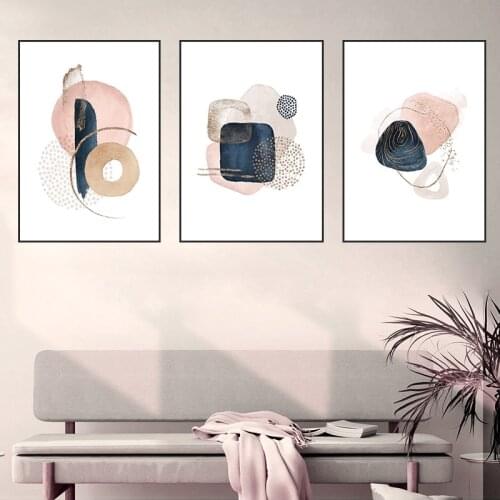 Abstract Geometric Canvas Painting Golden Lines Pink Blue Posters And Prints Modern Wall Art Pictures Bedroom Home Decor JH002