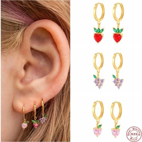 Aide 925 Sterling Silver Cute Fruit Charm Dangle Earrings For Women Girl Gift Apple Strawberry Grape Pendants Drop Earring Jewel