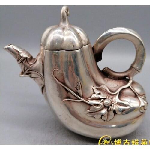 Antique QingDynasty Handmade silver eggplant teapot ,Hand-carved crafts,best collection& adornment