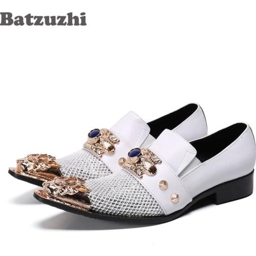 Batzuzhi Personality Men Shoes Pointed Metal Tip Leather Dress Shoes Slip on White Party & Wedding Shoes Men Zapatos Hombre