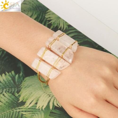 CSJA Natural Stone Clear Quartz Crystal Bracelets Luxe Gold Color Open Cuff Bangles for Women Copper Wrap Reiki Bracelet G705