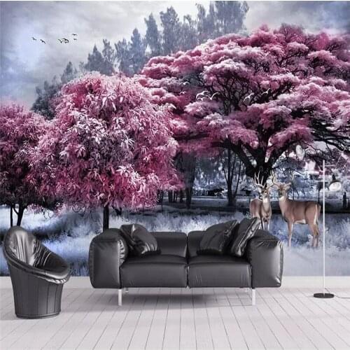 Pink forest big tree elk landscape background wall professional production mural wholesale wallpaper poster photo wall