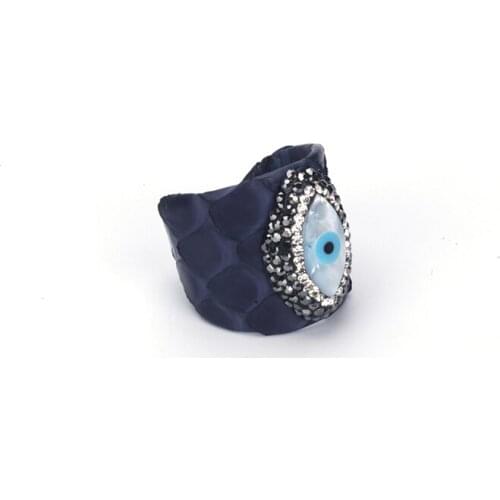 2021 Fine Jewelry Black Mutilple Colors Snake Leather Evil Eye Shell Bead Charm Pave Rhinestone Adjustable Unisex Open Ring Cuff