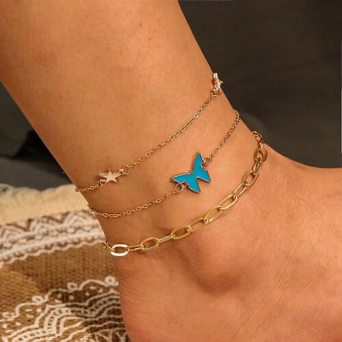 Jewdy Women Summer Bohemia Chain Anklets Bule Butterfly Beach Sandals Bracelet On The Leg White Star Boho Barefoot Jewelry 2021
