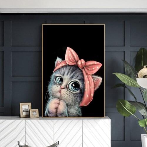 Lovely Cat in pink bandana Picture Canvas Painting Nordic wall art cute Animal anime Poster and Prints Children Room Decoration