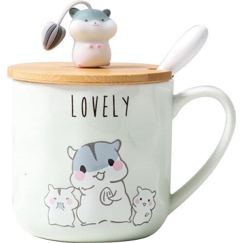 Creative Cartoon Hamster Mug With Lid Spoon, 400ml Teacup Coffee Ceramic Mugs Office Cup Office Drinkware Couple Cup Gift