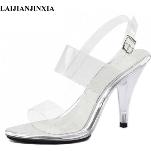 LAIJIANJINXIA New 10 cm High Heels Sexy Women Shoes Transparent Sandals Women Wedding Dress 2021 Pistol Heel Female Sandal