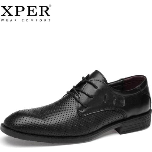 XPER Brand New Genuine Leather Mens Dress Shoes Summer Hollow Breathable Shoes Male Formal Business Casual Footwear Black#XP025