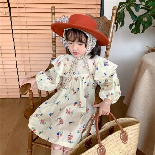 Autumn New Kids Dresses 2 3 4 5 6 7 Years Baby Girls Korean Long Sleeve Floral Dress Ruffles Cute Sweet Princess Dress For Girls
