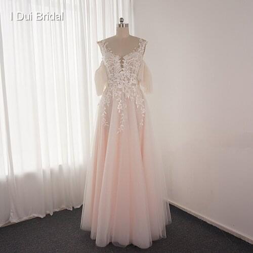 Fall Off Strap Wedding Dress with Glitter Layer Lace Appliqued Bridal Gown Blush Pink New Style Custom Make