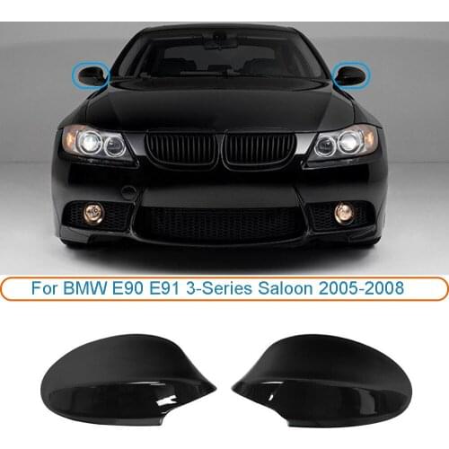Pair Left & Right Rear View Side Mirror Cover Cap For BMW E90 E91 3-Series Sedan 2005-2008 Glossy Black / Carbon Fiber Look