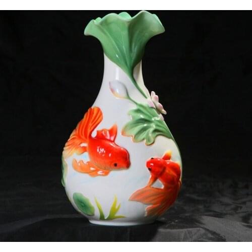 Retro Chinese Ceramics Golden Fish Lovers Relief Flower Vase Decorative Porcelain Lotus Flask Chinaware Ornament Gift and Craft