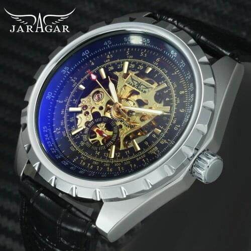 JARAGAR Brand Luxury Chic Mechanical Men Watches Leather Strap Silver Steel Case Skeleton Military Automatic Wrist Watch Man