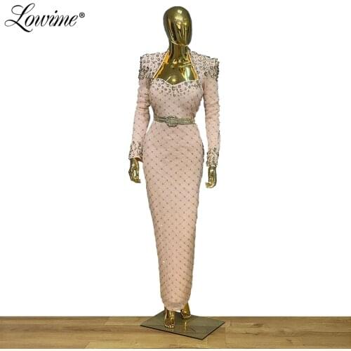 Beads Pink Ankle Length Party Dress Long Sleeves Formal Special Occasion Evening Dresses 2020 African Kaftans Abendkleider