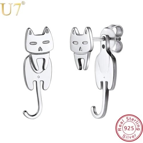U7 925 Sterling Silver Animal Cat Stud Earrings for Women Kitty Head Cat earring studs Party Gift Female Brincos Wholesale SC236