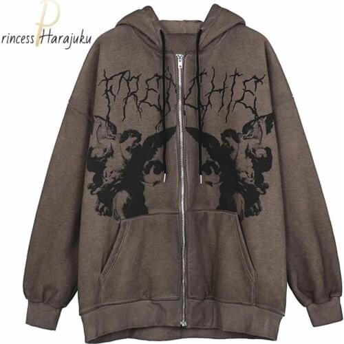 Oversized Vintage Cartoon Print Hoodies Female Zip Up Long Sleeve Women Sweatshirt Y2k Aesthetic Autumn Winter Grunge Streetwear