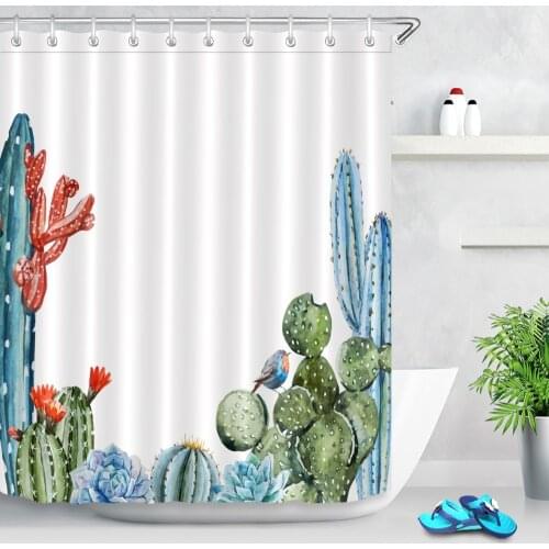 72'' Waterproof Tropical Plants Watercolor Red Shower Curtain Cactus Frame Polyester Bathroom Curtains For Bathtub Home Decor