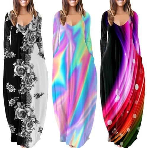 Autumn Dreeses For Women New O-Neck Flower Gradient Print Long-sleeved Pocket Daily Long Dress Plus Size Pullover Long Dresses