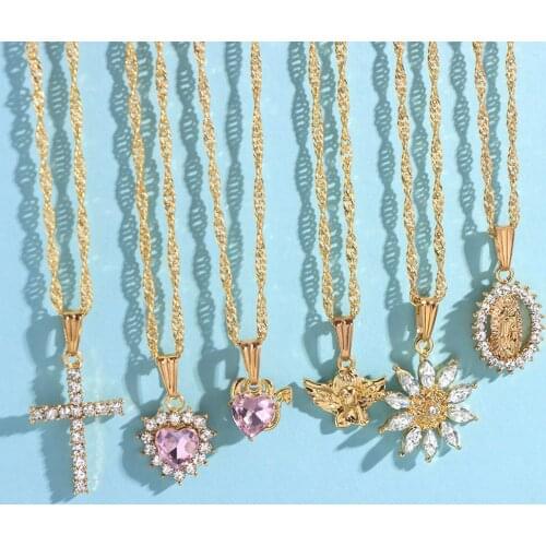 Boho Vintage Multilayer Angel Portrait Necklaces For Women Shiny Crystal Heart Cross Pendant Necklace Fashion Statement Jewelry