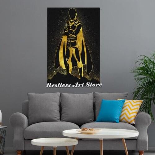 Golden Design Saitama One Punch Man Poster Framed Wooden Canvas Wall Art Decoration Prints Living Room Home Frame Decor Painting