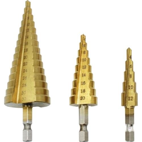 3pc Hss Step Drill Bit Set Cone Hole Cutter Taper Metric 4-12/20/32mm 1/4" Titanium Coated Metal Hex Core Drill Bits Speed Tools