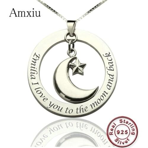 Amxiu Personalized Moon Star Necklace Engrave Any Name Necklace 925 Sterling Silver Custom Jewelry Women Pendant Necklace Bijoux