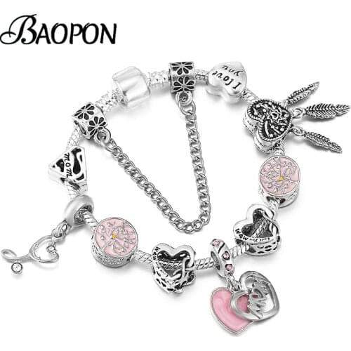 BAOPON Silver Color Snake Chain Charm Bracelets With Heart MOM Beads Bracelets Bangles For Mother Women Men Simple Jewelry Gift