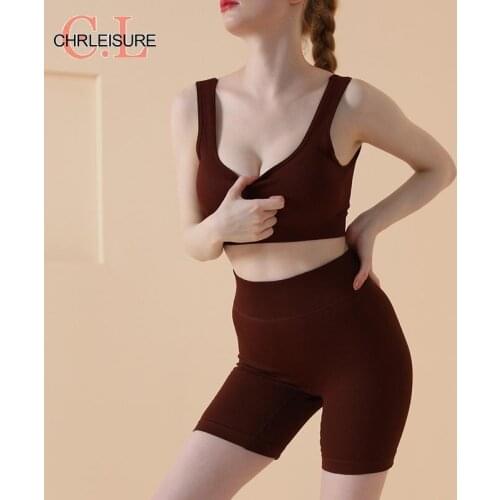 CHRLEISURE Sets Womens Outfits Ribbed Low Chest Sexy Two Piece Set High Waist Hip Lifting Elastic Short Fitness Sets Summer