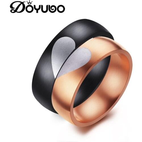 DOYUBO Romantic Stainless Steel Couple Rings For Men & Women Love Shape Black And Rose Gold Lovers Rings Accessories DF002