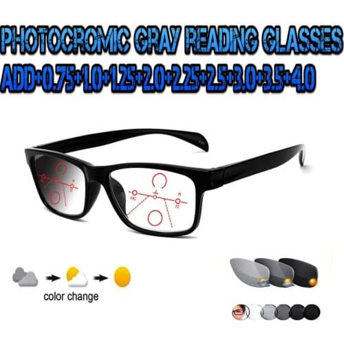 Photochromic Gray Progressive Multifocal Reading Glasses Men Women Ultralight Black Metal Frame Large Size +0.75 To+4.0