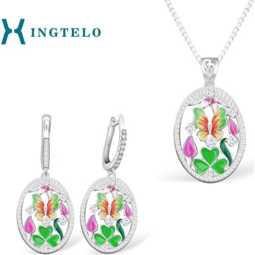 XINGTELO 925 Sterling Silver Women Jewelry Set Hollow Pattern Colorful Enamel White Crystal Earrings Pendant and Chain