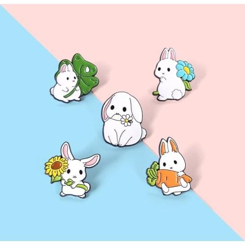 Cartoon Sweet Animals Rabbit Enamel Brooch Plant Sunflower Leaf Carrot White Rabbit Alloy Pins Badge Cute Jewelry Gift For Kid