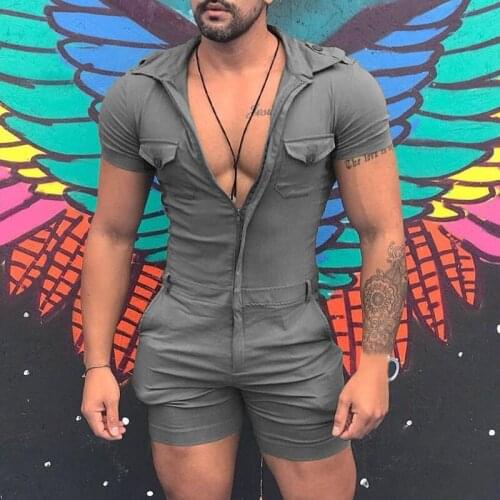 Men Tight Fitness Jumpsuit 5XL Casual Large Size Solid Zipper Rompers One Piece Short Sleeve Overalls Pants Pockets Playsuit