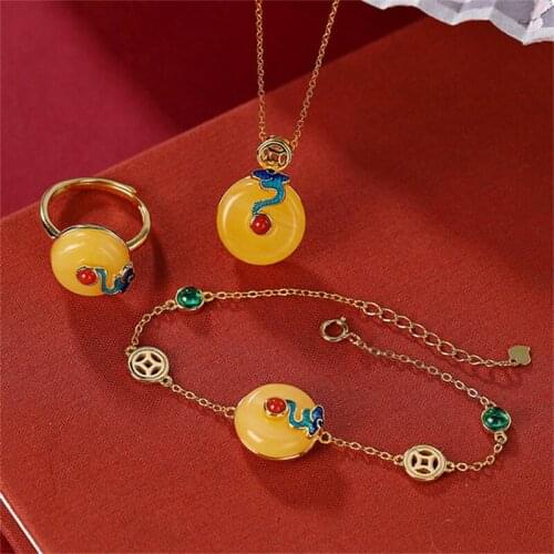 Uglyless Ethnic Lucky Clouds Jewelry Sets for Women Natural Jade Peace Buttons Earrings Rings Set Enamel Retro Bijoux 925 Silver