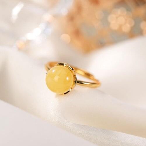 Natural 925 sterling silver gilt leaf inlaid round beads amber simple temperament amber rings resizable women rings
