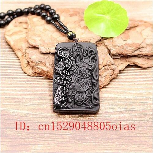 Natural Black Obsidian Dragon Warrior Pendant Beads Necklace Fashion Charm Jewellery Carved Guangong Amulet Gifts for Women Men