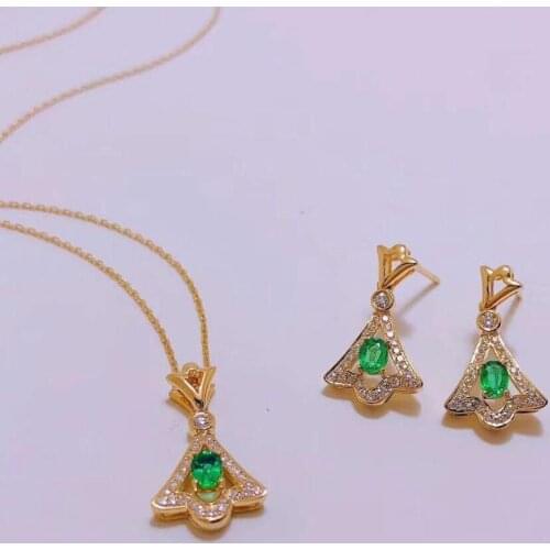 Natural green emerald gem ring earring and necklace jewelry set for women real 925 silver stud earrings gold plated girl gift